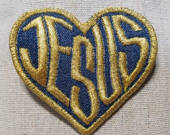 Love Jesus Patch: Dunkles Denim-Herz, Stickerei in Gold