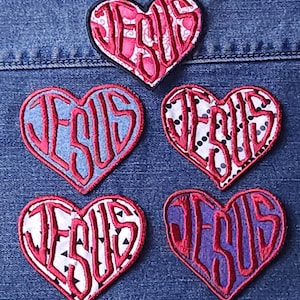 Love Jesus Patch: Red Embroidered Heart, Christian Iron-On Applique