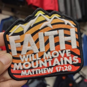 Retro Faith Will Move Mountains ~ Matthew 17:20 - Iron-on Patch - Disciple Wear, Christian Gift