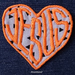 Love Jesus Patch - Triangle with Fluorescent Orange Embroidery - Iron On Sew On Patch - Baptism Gift, Disciple Wear, Christian Gift