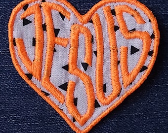 Love Jesus Patch - Triangle with Fluorescent Orange Embroidery - Iron On Sew On Patch - Baptism Gift, Disciple Wear, Christian Gift