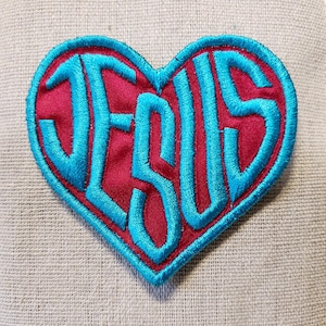 Love Jesus Patch: Red Satin Heart, Teal Embroidery - Iron On Sew On