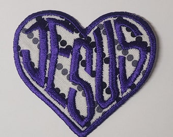 Love Jesus Patch - Polkadot with Purple Embroidery - Embroidered Iron On Sew On Patch - Baptism Gift, Disciple Wear, Christian Gift