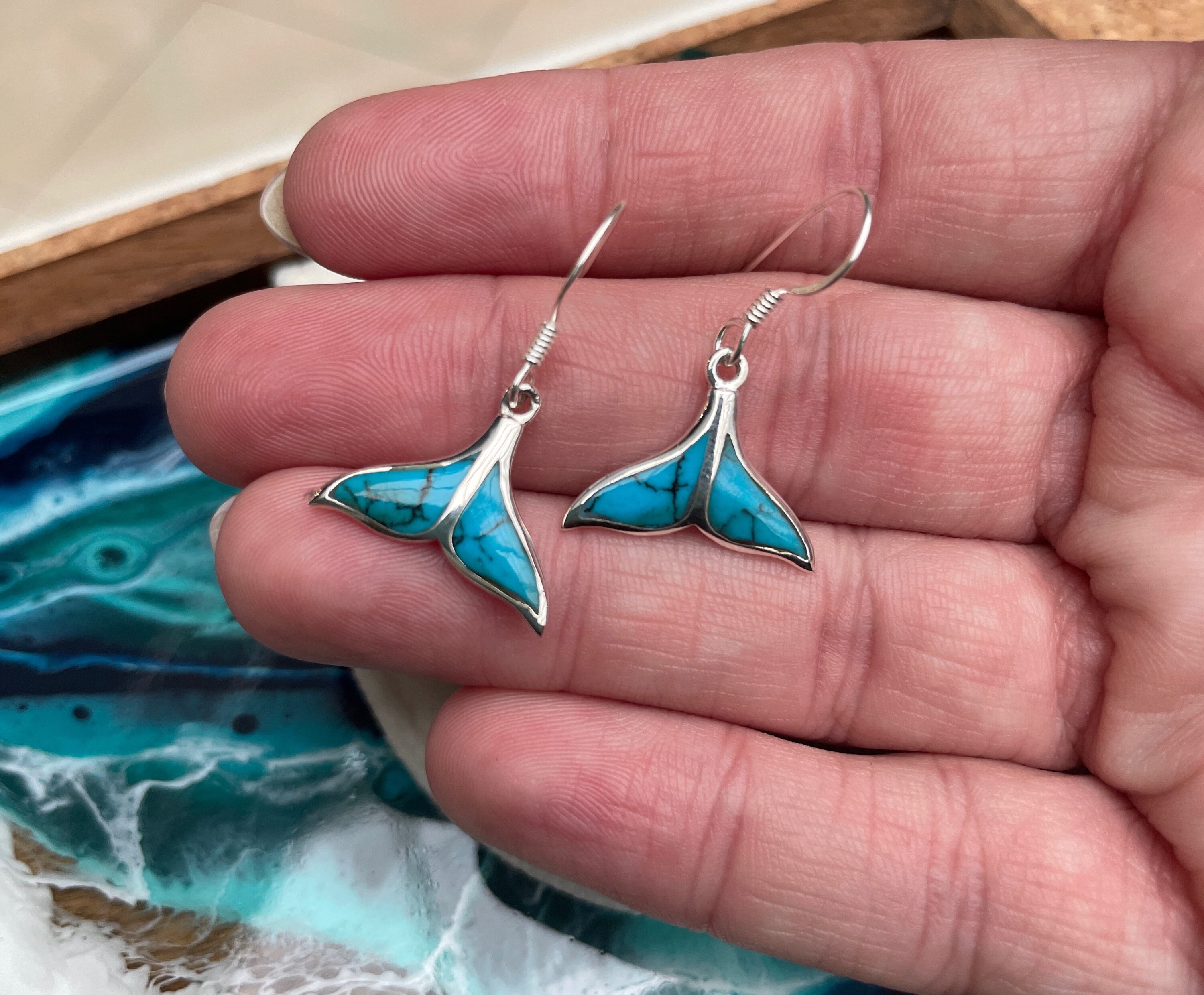 Whale Tail Sterling Silver 925 Gemstone Hook Earrings in Blue or Green Turqouise Mother of Pearl Mothers Day Gifts Etsy