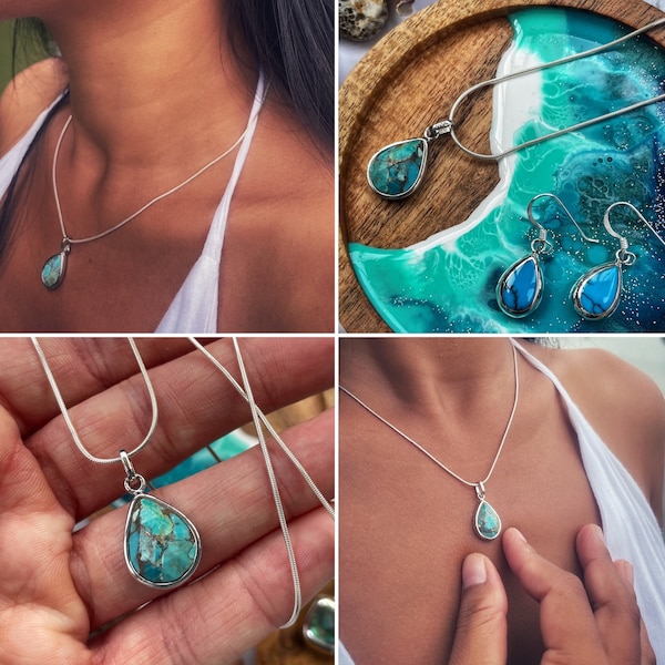 Copper Turqouise Sterling Silver 925 Teardrop Pendant and Necklace - gifts for her - Mother’s Day gifts - turquoise jewellery