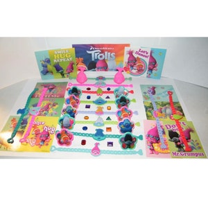 Trolls Movie Party Favors Set of 48 with Bracelets, rings, stickers and Gems!