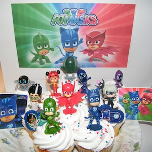 May include: A set of 10 PJ Masks cupcake toppers featuring the characters Catboy, Owlette, Gekko, Romeo, and Night Ninja. The toppers are made of plastic and come with a variety of colors, including blue, red, green, and black. The toppers are perfect for decorating cupcakes for a PJ Masks themed party.
