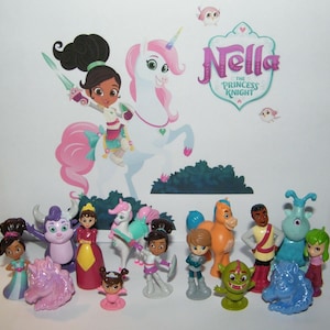 May include: A collection of Nella the Princess Knight figurines, including Nella, her unicorn, and other characters from the show. The figurines are made of plastic and are brightly colored. The set includes a purple dragon, a pink unicorn, a blue horse, a green monster, and a blue monster.