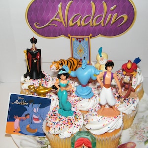Disney Aladdin Movie Deluxe Cake Toppers Cupcake Decorations 12 Set with 10 Figures, Aladdin Sticker, Toy Ring, Magic Lamp and Flying Carpet