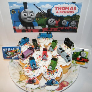 Thomas the Tank Engine Deluxe Cake Toppers Cupcake Decorations 14 Set with 10 Figures, 2 Stickers / Rings Featuring Thomas, Percy, James Etc