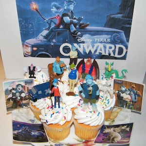 May include: A set of cupcakes decorated with white frosting and colorful sprinkles. Each cupcake features a different character from the Disney Pixar movie Onward. The characters include Ian Lightfoot, Barley Lightfoot, the Manticore, and the two unicorns. The cupcakes are displayed on a white plate with a blue and white pattern. The background features a poster for the movie Onward.