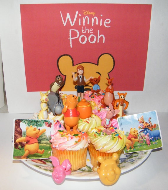 Winnie the Pooh Cake Toppers Set 14 Cupcake Decorations With 10 Figures, 2  Stickers and 2 Rings Featuring Winnie the Pooh, Piglet, Christoph 