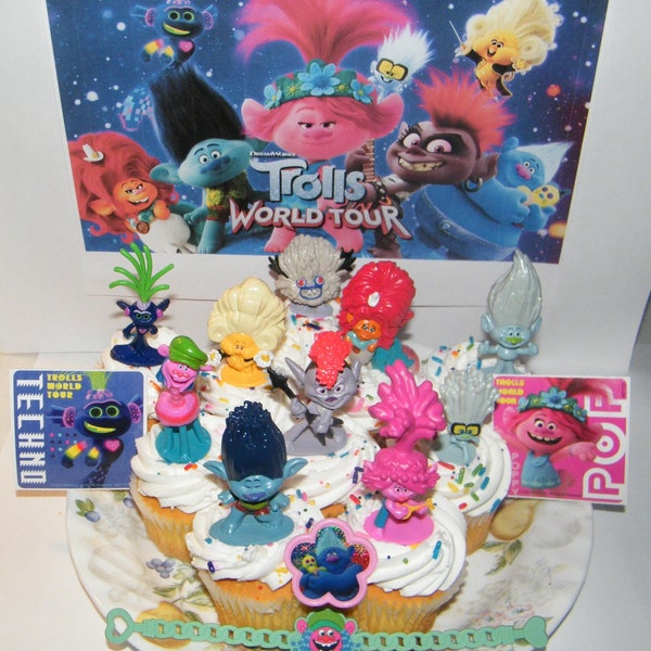 Trolls World Tour Movie Deluxe Cake Toppers Cupcake Decorations 14 Set with 10 Figures, 2 Stickers Featuring Branch, Poppy, Queen Barb More