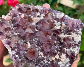 May include: A cluster of amethyst crystals with a purple and white color. The crystals are in a rough, natural shape and have a sparkly, iridescent finish.