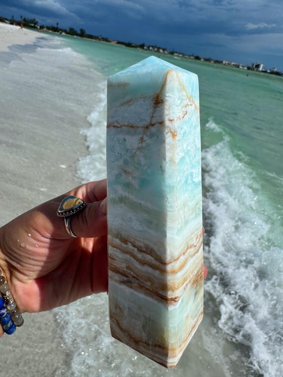 Tranquil Blue Caribbean Calcite and Aragonite Tower, Blue and Brown Aragonite and Caribbean Calcite Obelisk, Crystal Home Decor, Crystal Gif