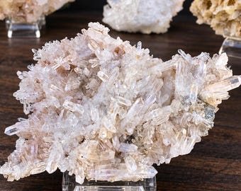 May include: A large, raw quartz crystal cluster featuring numerous translucent, pointed points with pale pink and white hues. The mineral specimen is mounted on a clear acrylic stand, showcasing its intricate, jagged structure and natural crystalline formation.