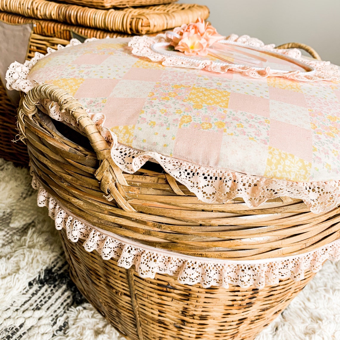 Large fabric lined basket with lid Etsy