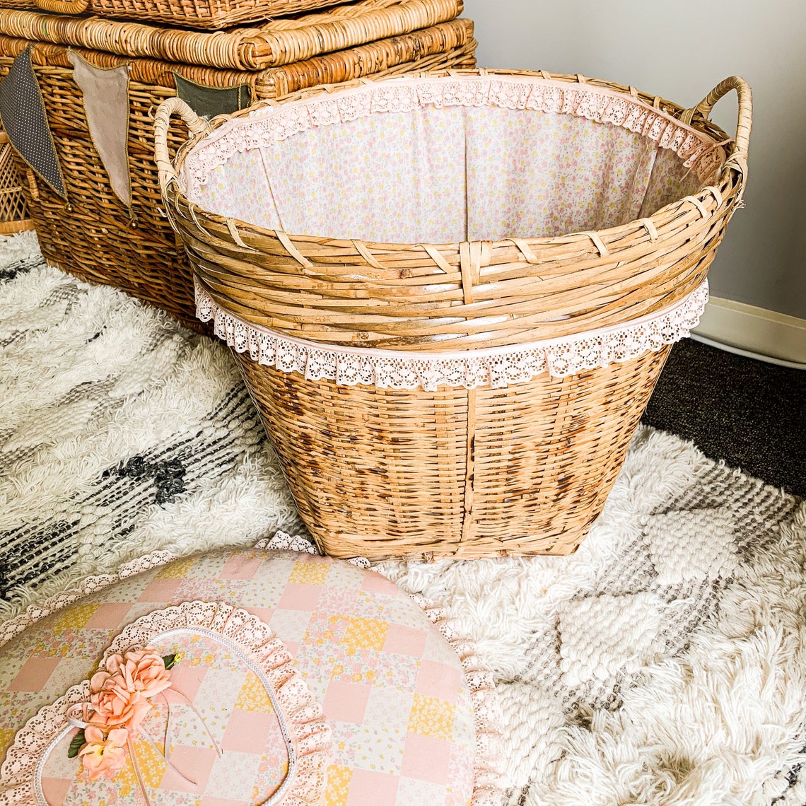 Large fabric lined basket with lid Etsy