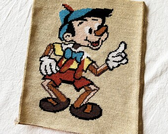 Vintage needlepoint Pinocchio unframed/ childrens decor/ Disney
