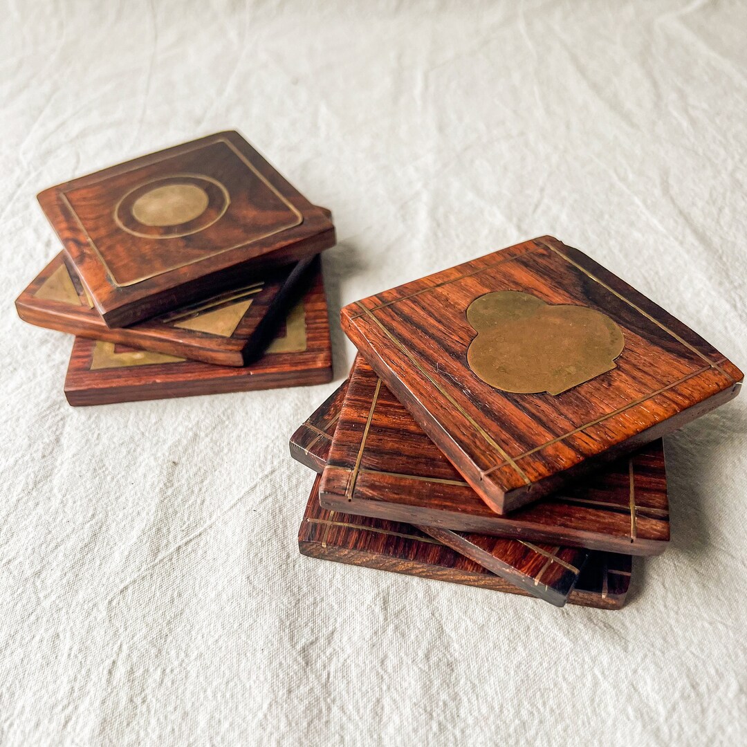 Wood Coasters With Brass Inlay Made in India Set of 7 - Etsy