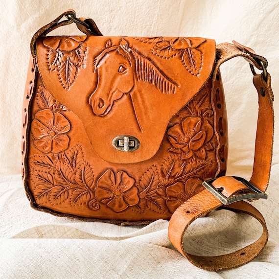 Vintage 1970s tooled leather bag