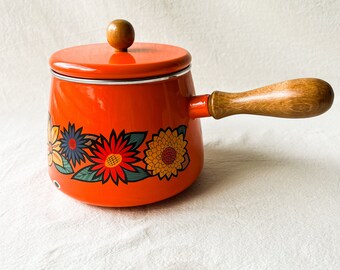 Vintage retro orange floral fondu pot enamel and wood