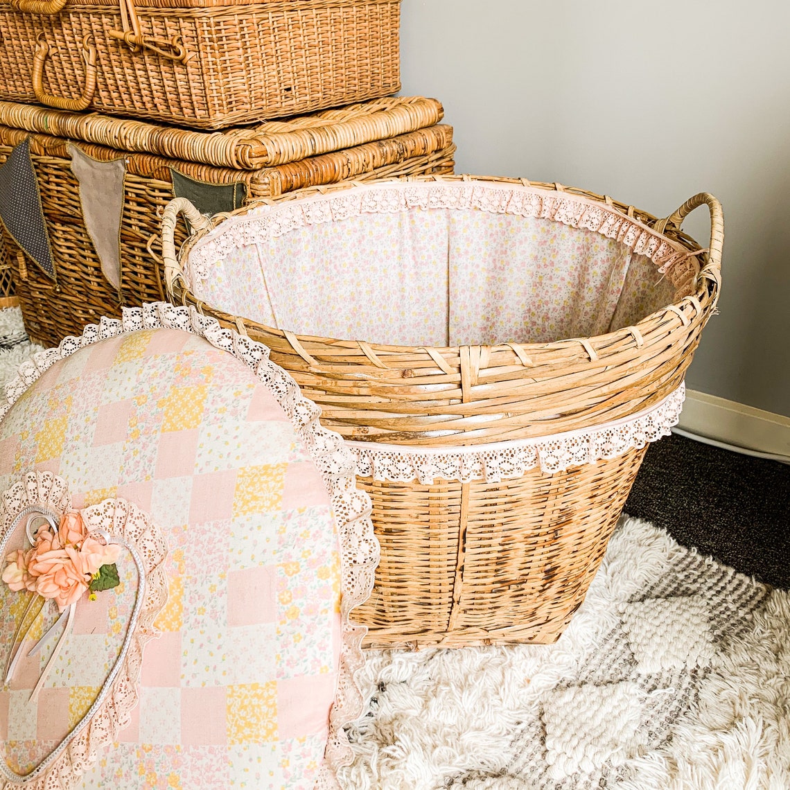 Large fabric lined basket with lid Etsy