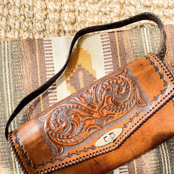 Tooled leather clutch vintage large zippered purse