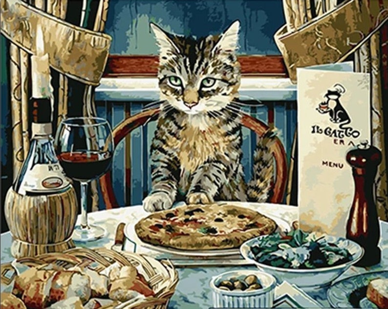 Pie DIY Salad #paintbynumbers Tabby Cat Sitting at Dinner Table Eating: Pie Red Wine Paint by Number Kit Fast Shipping