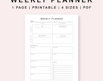 Afdrukbare weekplanner | Pdf-planner | Dagelijks schema | Wekelijkse takenlijst | Eisenhower-matrix | Letter, halve letter, A4 en A5 | PL001