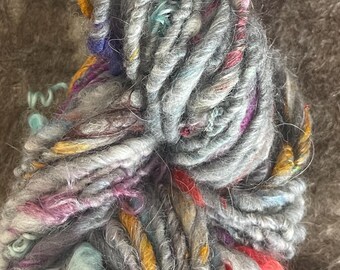 Hand Spun Reclaimed Fiber Art Yarn - Alpaca, Angora, Silk Curls