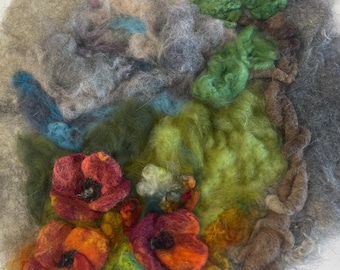 Needle Felted Spring Flower Wall Art on Pygora Mat
