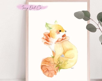Peut inclure: Impression aquarelle d'un renard avec un collier de roses et une rose à ses pieds. Le renard est jaune et orange, avec des feuilles vertes. L'impression est dans un cadre rose clair. Le texte "Ivory Owl Co" est dans le coin supérieur gauche.