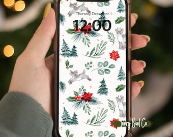 May include: A white phone background with a watercolor pattern of green trees, red poinsettias, and white reindeer. The phone screen displays the time 12:00 and the date Thursday, December 1.