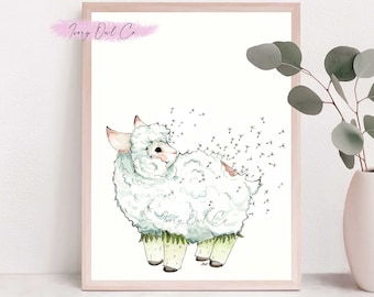 Peut inclure: Une illustration aquarelle d'un mouton blanc avec de l'herbe verte poussant de ses pattes. Le mouton est entouré d'un nuage de graines de pissenlit blanches.