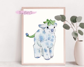 May include: Watercolor painting of a blue and white spotted calf with a green four-leaf clover on its head. The calf has a green tail with a blue flower on the end. The painting is signed "Tiny Owl Co."