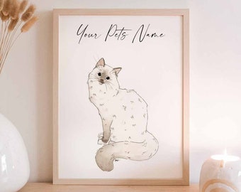 May include: A framed watercolor print of a cat with the text "Your Pets Name" in a minimalist interior setting. The artwork features a light-colored cat with blue eyes. A white vase with dried flowers, a candle, and wooden beads are also on the table.