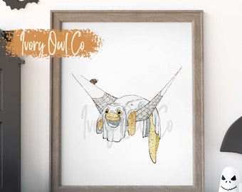May include: A watercolour illustration of a yellow and white cartoon ghost wearing a white sheet and hanging in a hammock. The ghost is smiling and has a small bee flying above it. The illustration is framed in a light brown frame.
