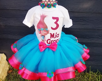 Poppy custom birthday set, poppy tutu, Queen poppy birthday shirt and tutu skirt, Poppy Trolls tutu set!