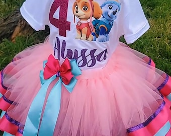 Sky & Everest Tutu Set, Personalized Birthday Outfit, Pink Tulle Skirt, Sky y Everest Patrulla Canina Birthday Set!
