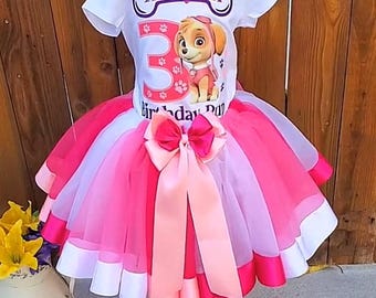 ¡Conjunto de tutú de Sky Paw Patrol, atuendo de cumpleaños personalizado, falda de tul rosa, conjunto de cumpleaños de Sky Patrulla Canina!