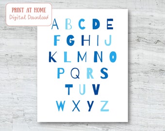 ABC Printable, Digital Download, Blue Nursery Alphabet Print, Playroom Printable