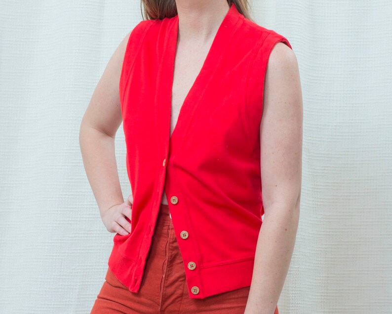 80s red cotton button down vest small v neck minimalist vest minimal button up vest