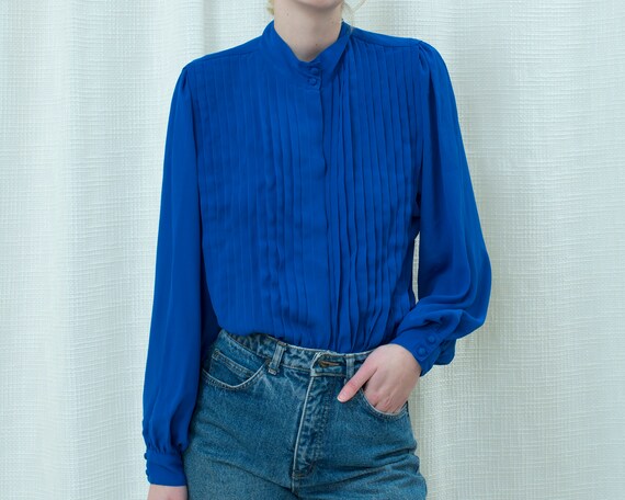 80s Blue Sheer Blouse Large High Neck 
