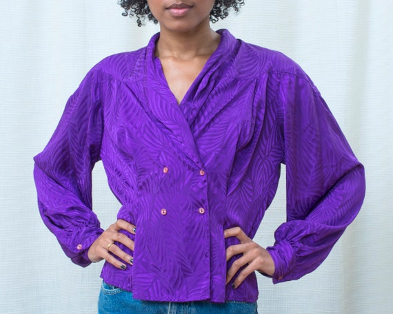 80s purple silky blouse medium | shawl collar brig