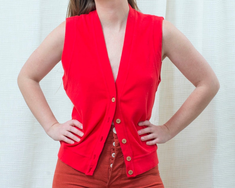 80s red cotton button down vest small v neck minimalist vest minimal button up vest