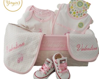 Custom made babyshower basket gift for girl 9 pcs Set, 3 pcs Personalized baby name. Little me blanket, Bib & Burp BodySuit Converse Newborn