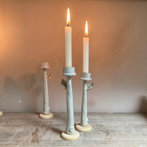 Stoneware candle stick with gold leaf