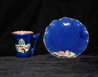 Vintage Cobalt Blue Tea Cup and Saucer* with Floral Details