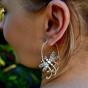 Hand Carved Silver Dragonfly Earrings, Butterfly Trendy Jewelry